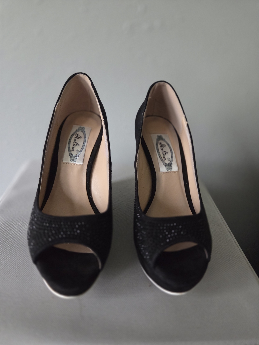 Italina Black Peep-Toe Heels with Sparkle Detail